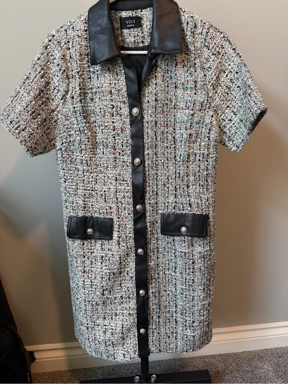 VICI Multicolor Tweed Short Sleeve Coat Dress with Black Faux Leather Trim